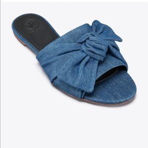 TORY BURCH Annabelle Blue Denim Chambray Bow Slide Sandals